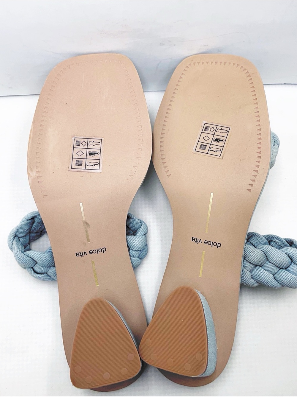 {Dolce Vita} Indy Light Blue Denim Slip On Open Square Toe Woven Straps Sandals - Picture 12 of 14